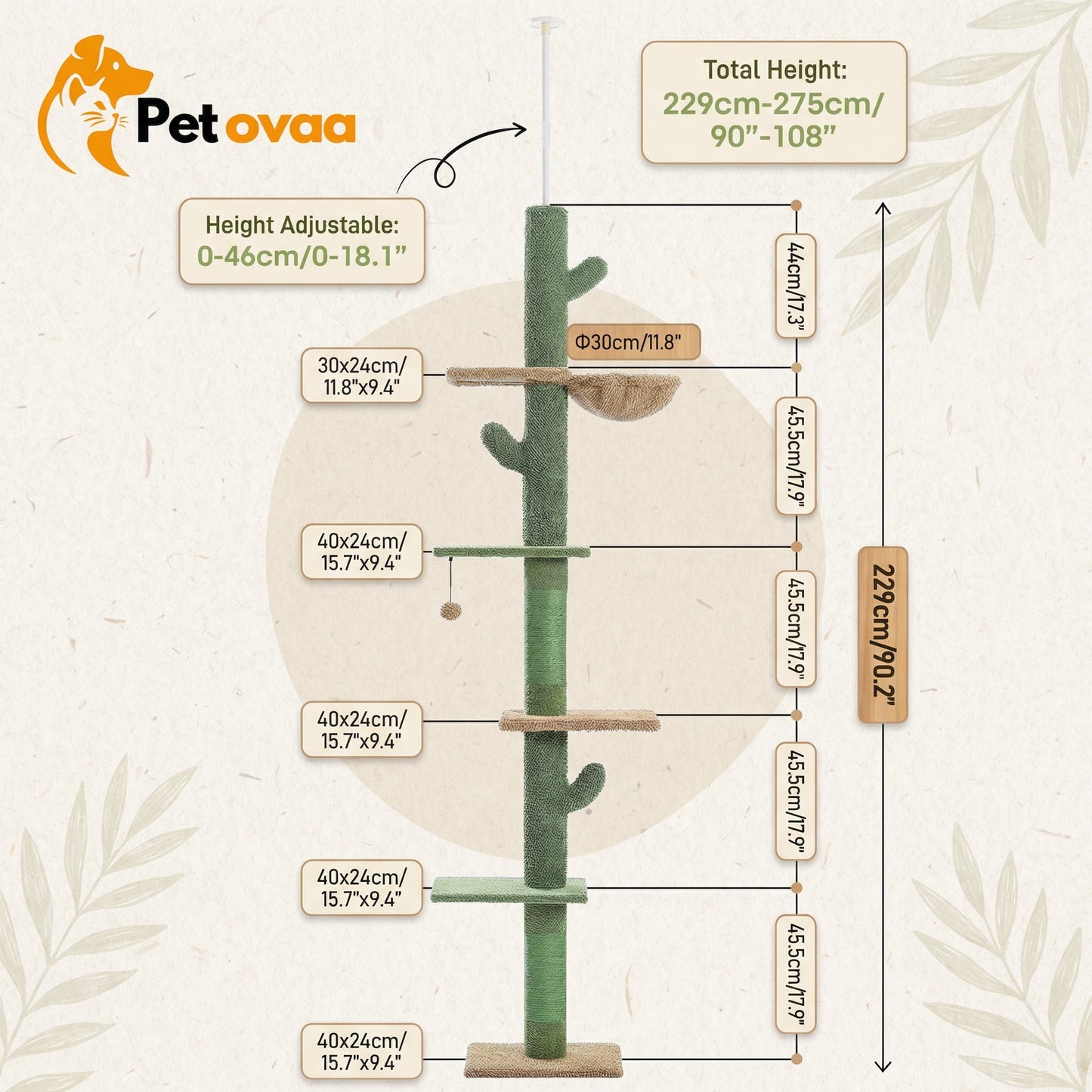Petovaa™ Cactus Cat Tree – 5-Tier Floor-to-Ceiling Climbing Tower with Hammock & Scratching Posts