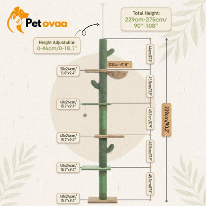 Petovaa™ Cactus Cat Tree – 5-Tier Floor-to-Ceiling Climbing Tower with Hammock & Scratching Posts