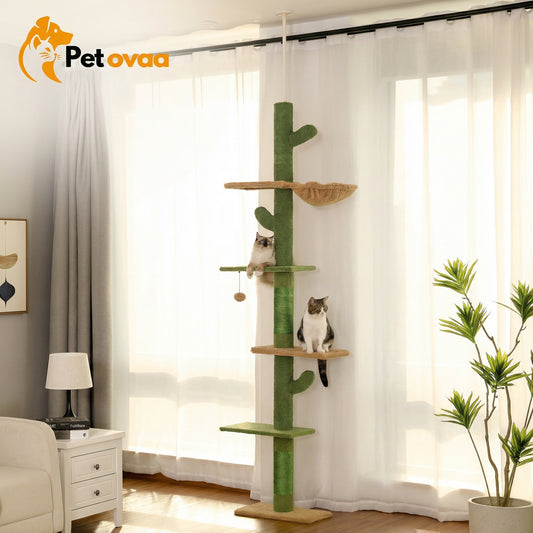 Petovaa™ Cactus Cat Tree – 5-Tier Floor-to-Ceiling Climbing Tower with Hammock & Scratching Posts