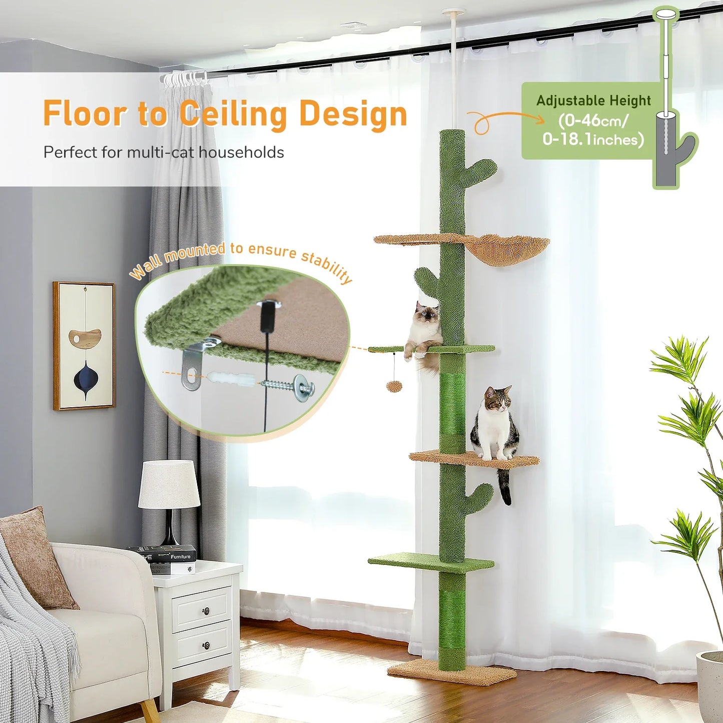 Petovaa™ Cactus Cat Tree – 5-Tier Floor-to-Ceiling Climbing Tower with Hammock & Scratching Posts