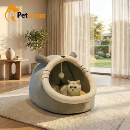 Petovaa™ Soft Cave Cat Bed – Cozy Semi-Enclosed Sleeping House