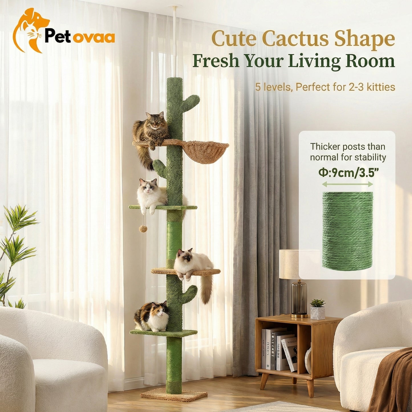 Petovaa™ Cactus Cat Tree – 5-Tier Floor-to-Ceiling Climbing Tower with Hammock & Scratching Posts