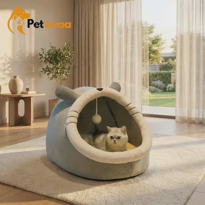 Petovaa™ Soft Cave Cat Bed – Cozy Semi-Enclosed Sleeping House